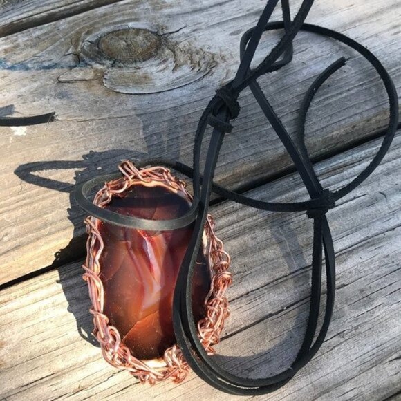 Pendant Agate Sard Copper Tribal Leather Carnelian Unisex Rustic Burning Man - Picture 8 of 10